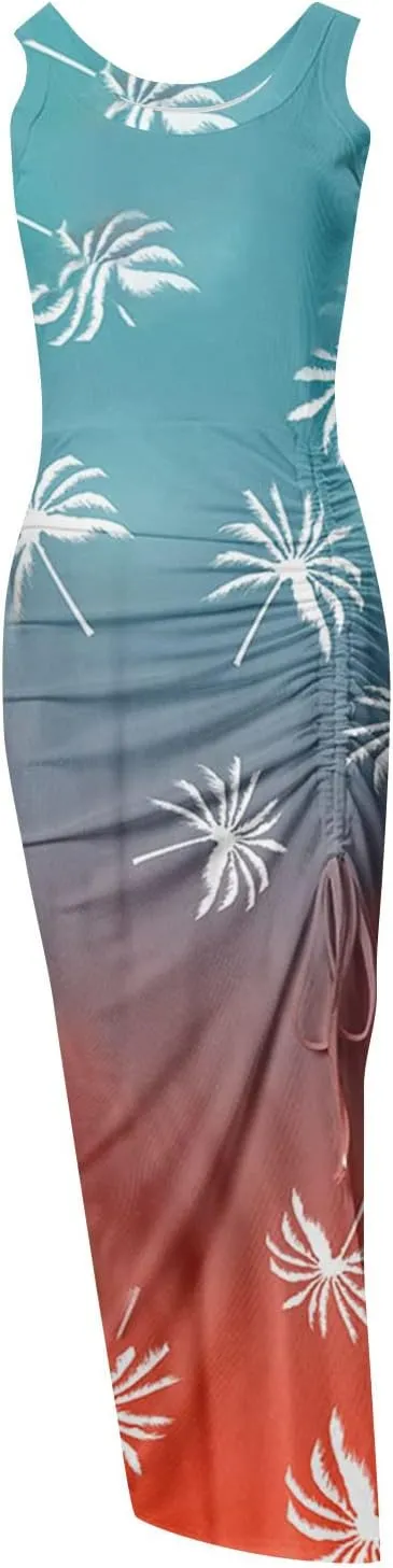 PETYCZEN Summer Dresses for Women Sexy Sleeveless Side Slit Bodycon Maxi Dress Casual Ruched Ribbed Knit Tank Beach Sun Dress