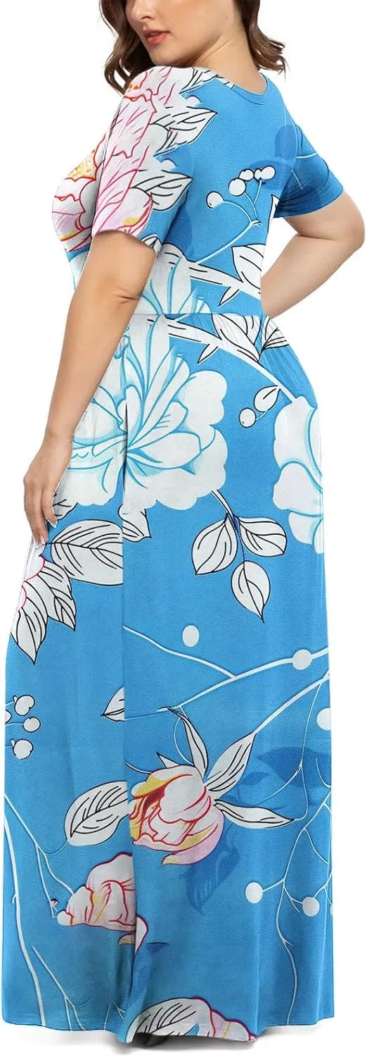 Plus Size Beach Dresses for Women 2024 Vacation Printed Sundresses Midi Flowy Casual Floral Long Outfit Short Sleeve