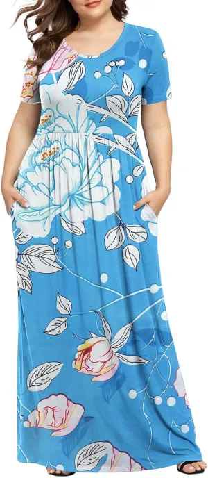 Plus Size Beach Dresses for Women 2024 Vacation Printed Sundresses Midi Flowy Casual Floral Long Outfit Short Sleeve