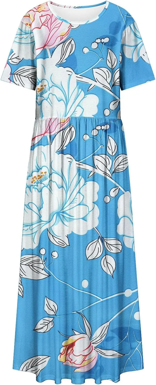 Plus Size Beach Dresses for Women 2024 Vacation Printed Sundresses Midi Flowy Casual Floral Long Outfit Short Sleeve