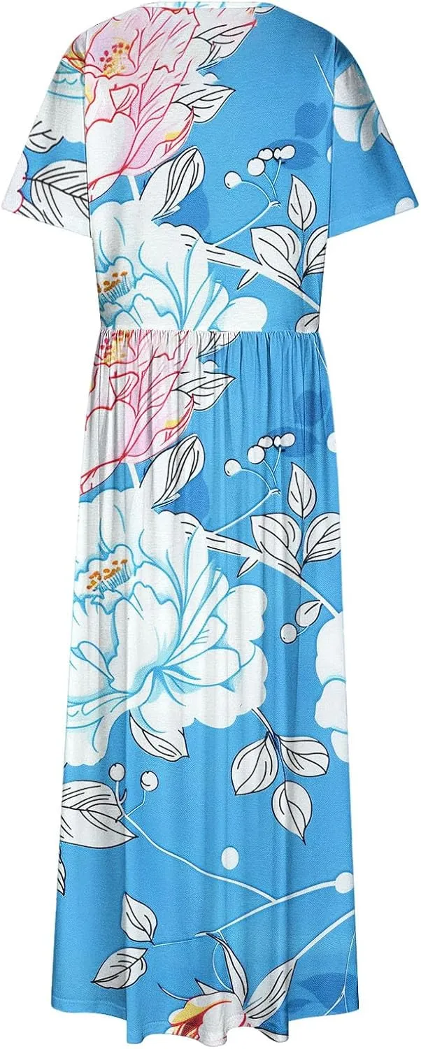 Plus Size Beach Dresses for Women 2024 Vacation Printed Sundresses Midi Flowy Casual Floral Long Outfit Short Sleeve