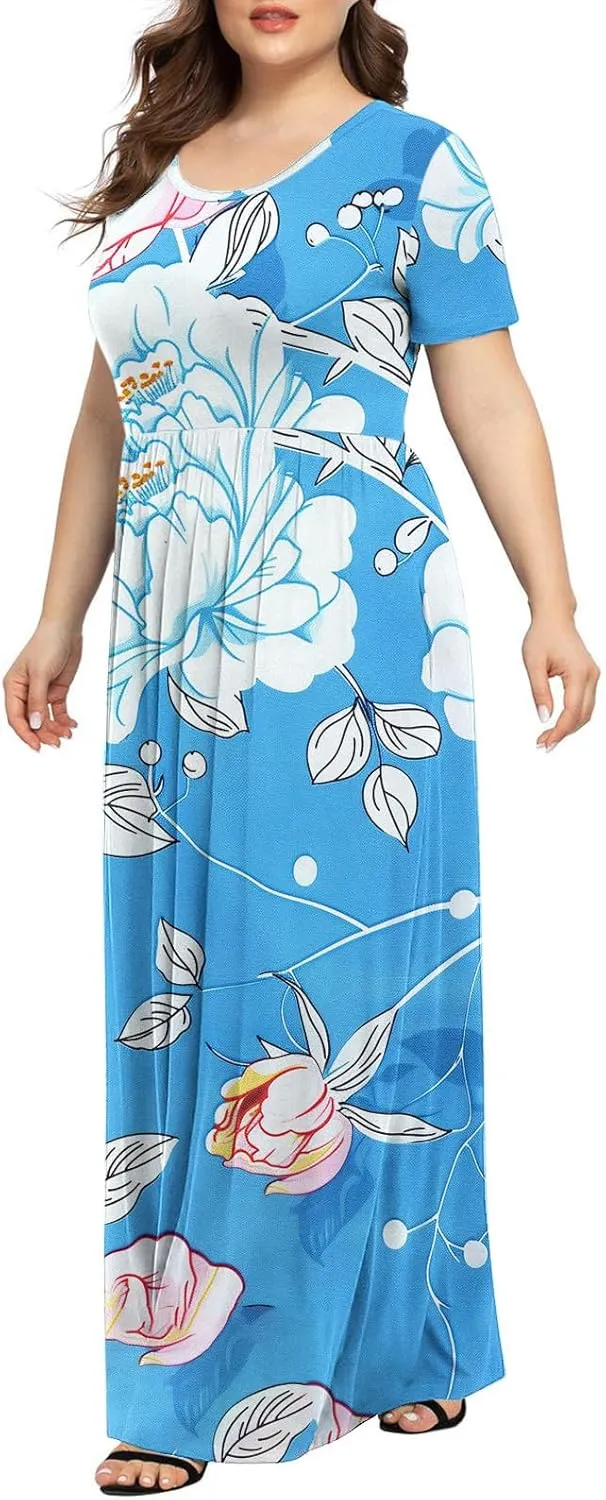 Plus Size Beach Dresses for Women 2024 Vacation Printed Sundresses Midi Flowy Casual Floral Long Outfit Short Sleeve