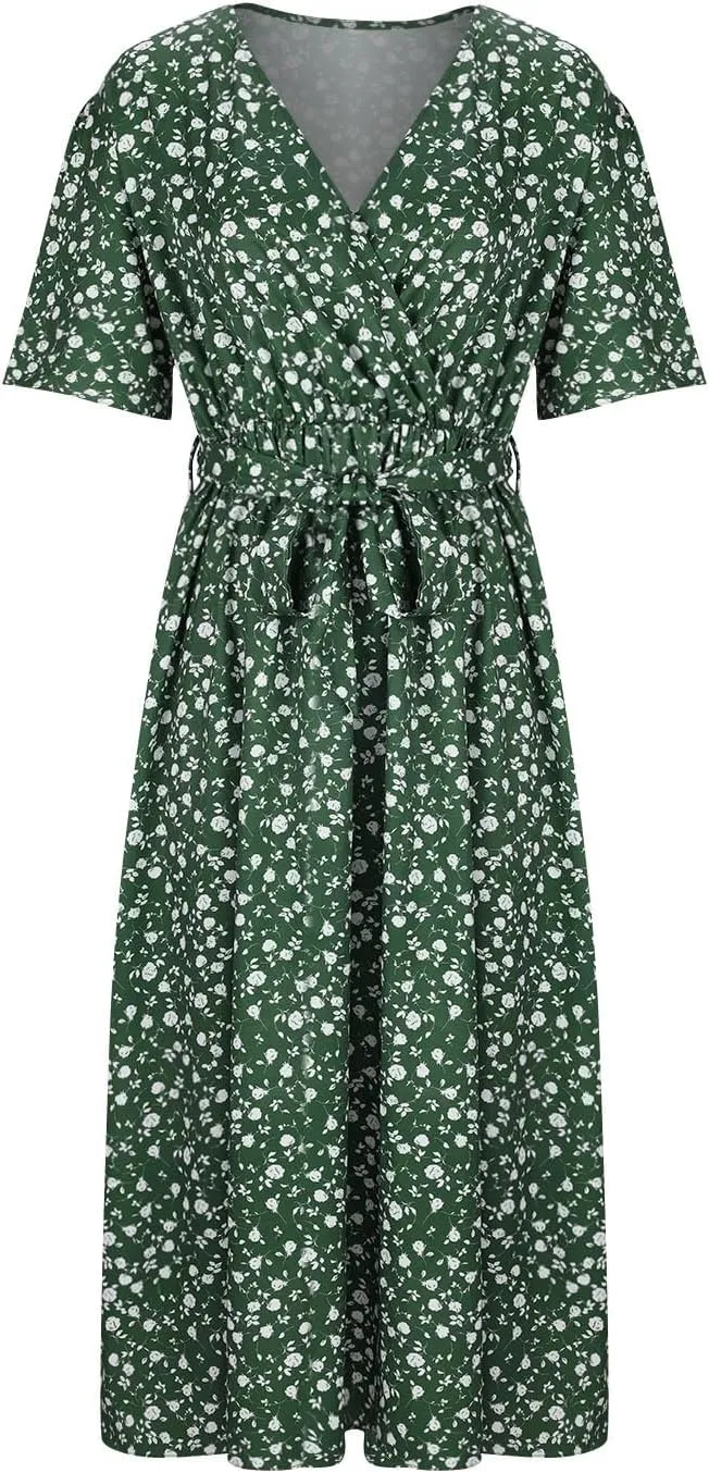 Plus Size Boho Floral A-Line Dress Women Summer Wrap V Neck Belted Midi Dress Casual Elegant Flowy Photograph Dress