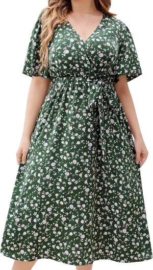 Plus Size Boho Floral A-Line Dress Women Summer Wrap V Neck Belted Midi Dress Casual Elegant Flowy Photograph Dress