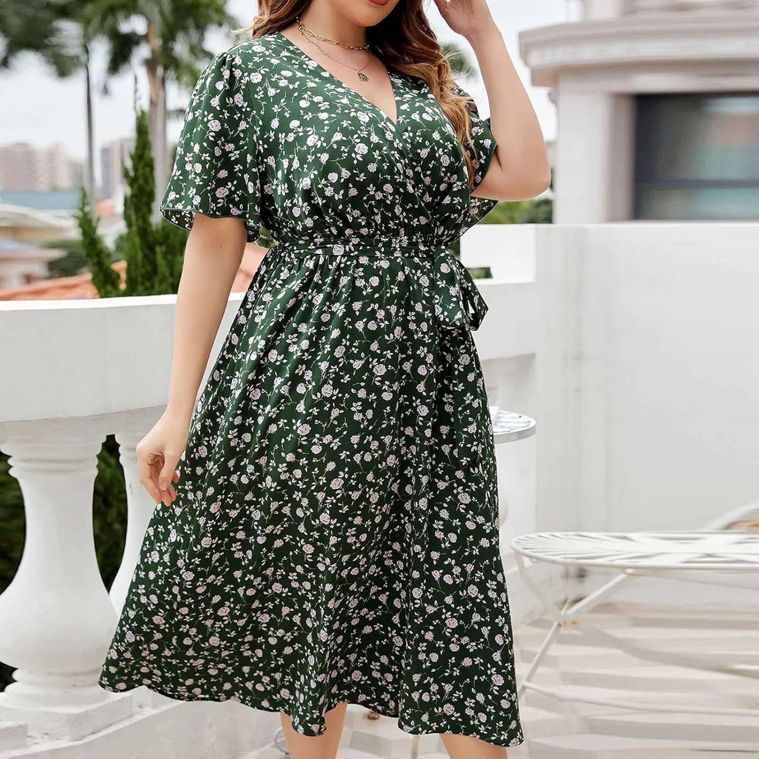 Plus Size Boho Floral A-Line Dress Women Summer Wrap V Neck Belted Midi Dress Casual Elegant Flowy Photograph Dress
