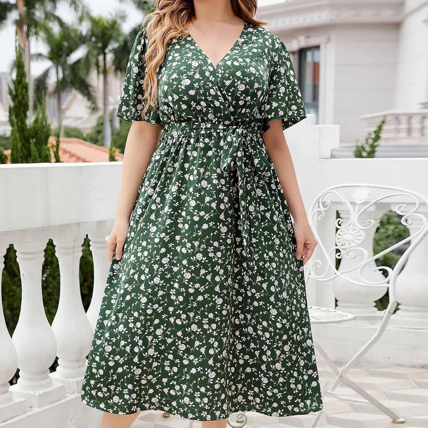 Plus Size Boho Floral A-Line Dress Women Summer Wrap V Neck Belted Midi Dress Casual Elegant Flowy Photograph Dress