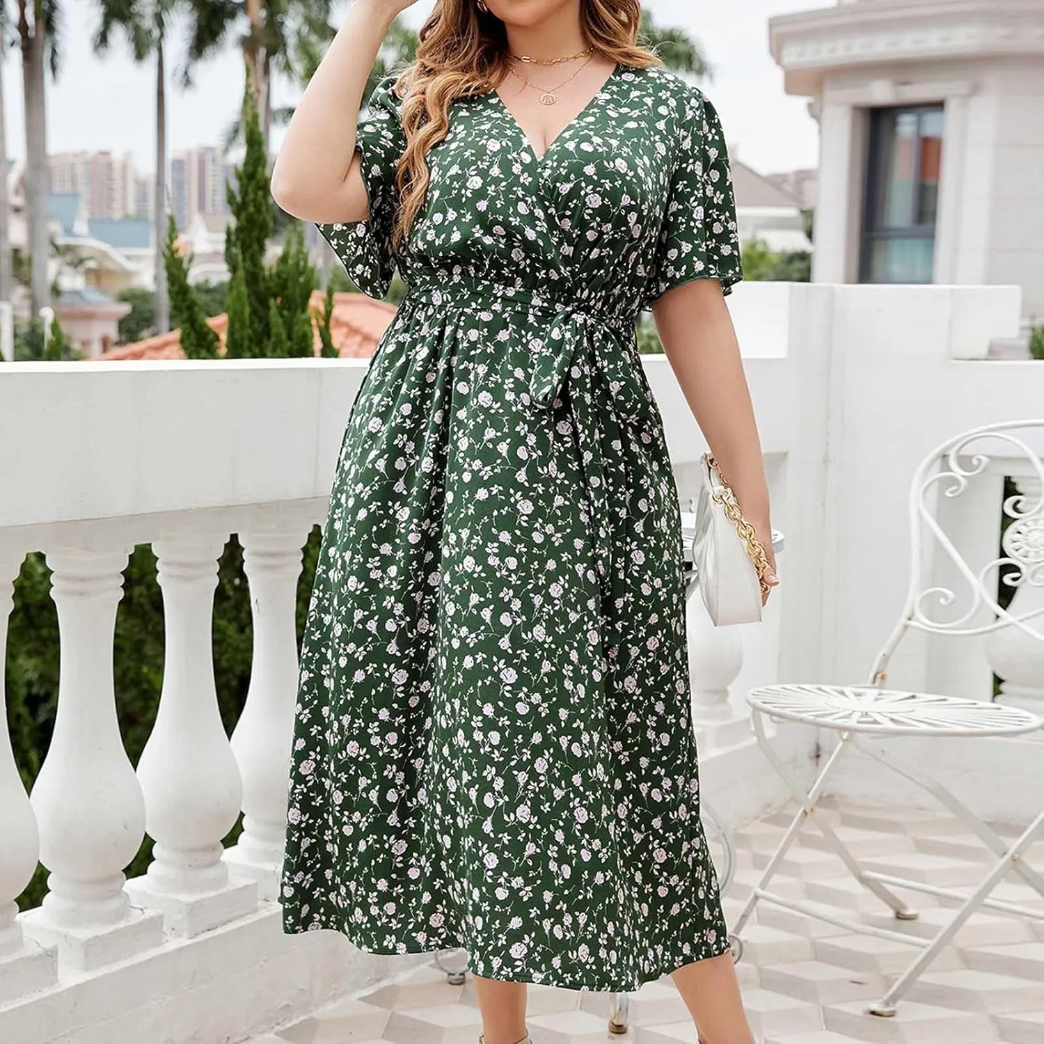 Plus Size Boho Floral A-Line Dress Women Summer Wrap V Neck Belted Midi Dress Casual Elegant Flowy Photograph Dress