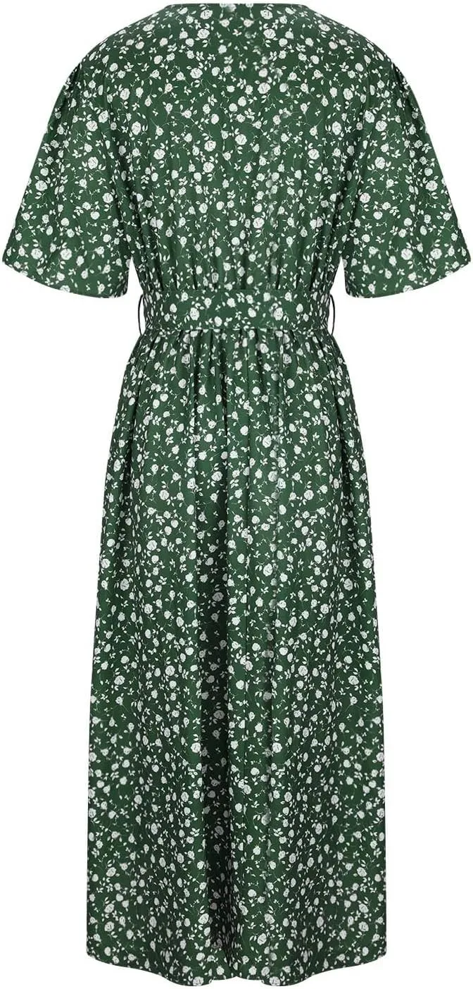 Plus Size Boho Floral A-Line Dress Women Summer Wrap V Neck Belted Midi Dress Casual Elegant Flowy Photograph Dress