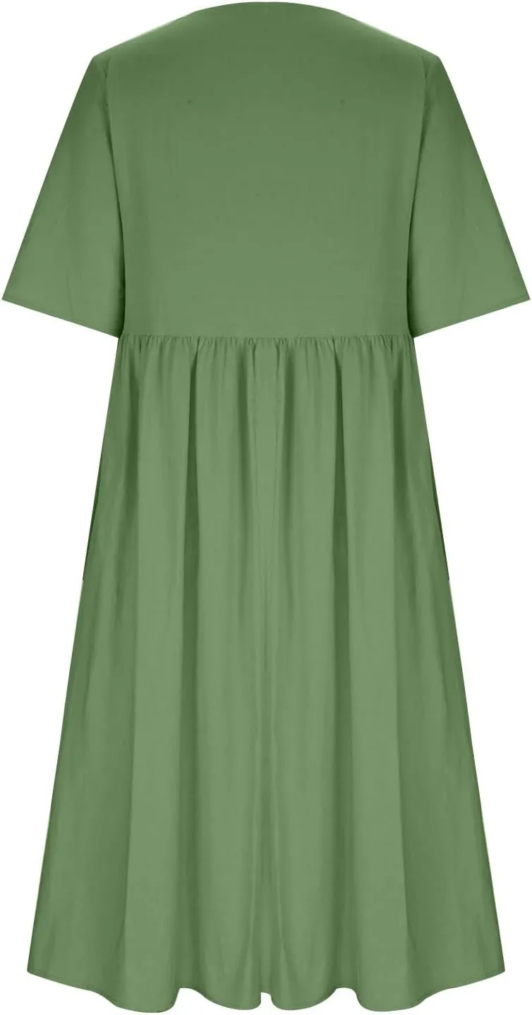 Plus Size Cotton Linen Dresses for Women Casual Summer Short Sleeve Crewneck Shirt Dress Loose Flowy Long Dress