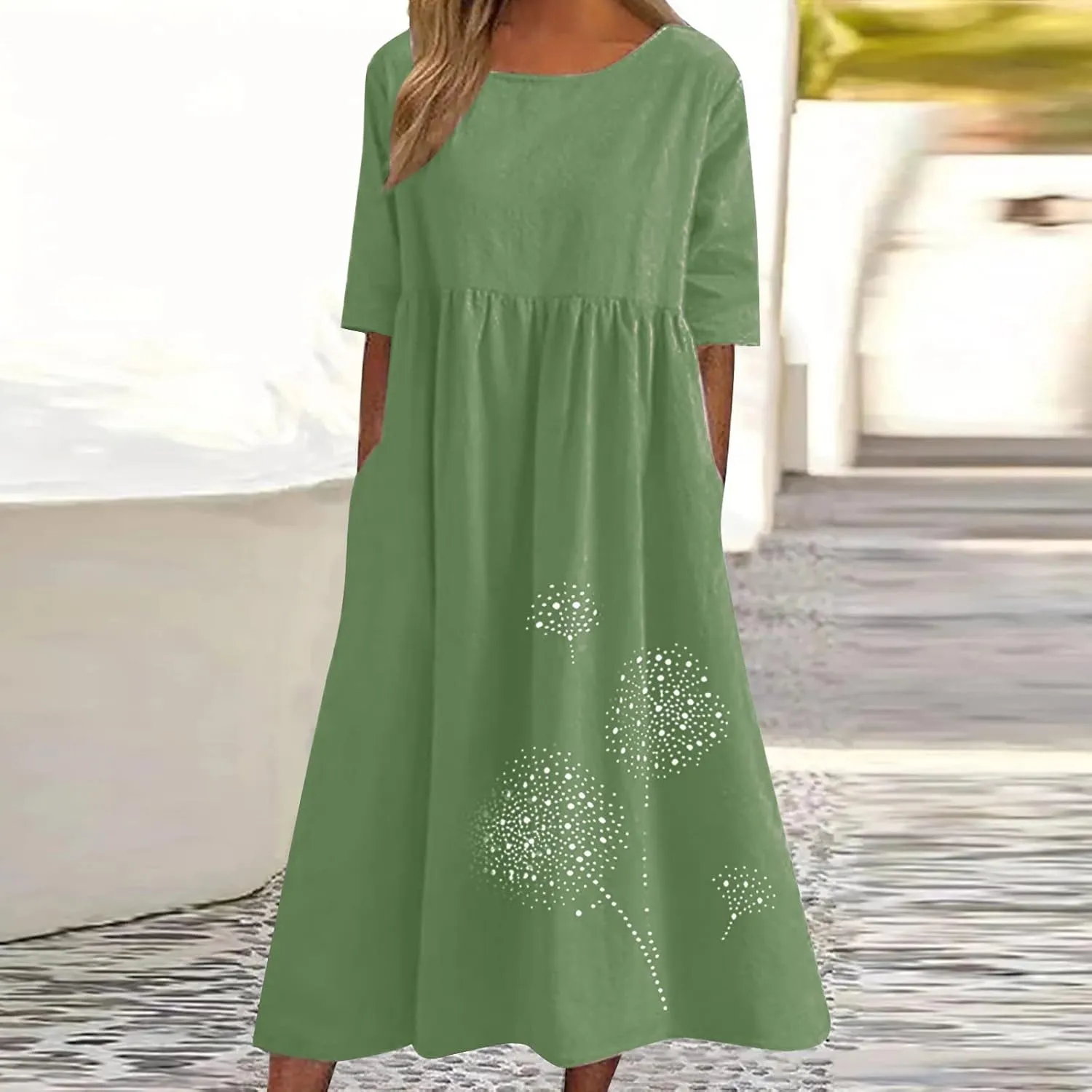 Plus Size Cotton Linen Dresses for Women Casual Summer Short Sleeve Crewneck Shirt Dress Loose Flowy Long Dress