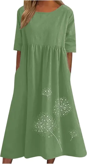 Plus Size Cotton Linen Dresses for Women Casual Summer Short Sleeve Crewneck Shirt Dress Loose Flowy Long Dress