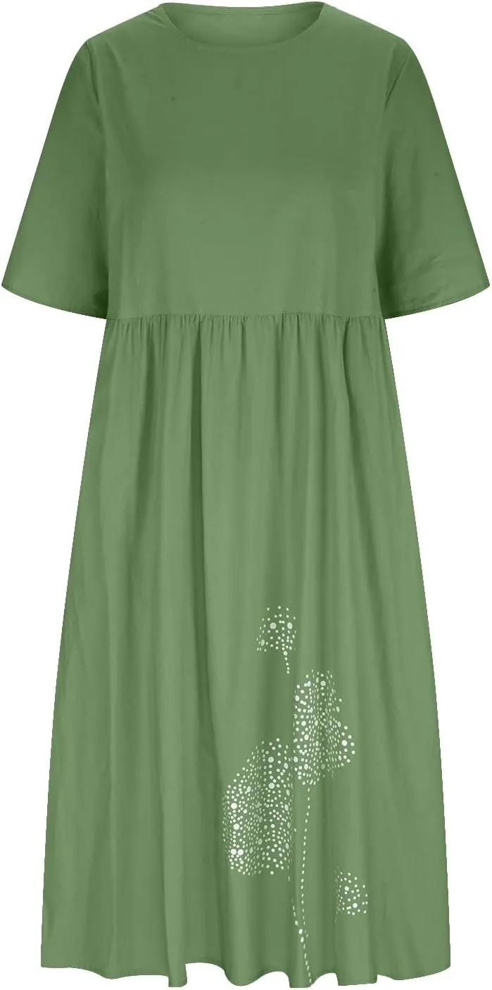 Plus Size Cotton Linen Dresses for Women Casual Summer Short Sleeve Crewneck Shirt Dress Loose Flowy Long Dress