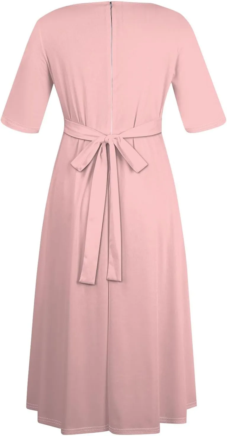 Plus Size Dresses for Curvy Women Solid Crew Neck 3/4 Sleeve Straps Big Hem Maxi Smocked Dresses