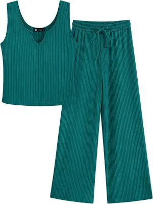 PRETTYGARDEN Women's Summer Casual Two Piece Outfits Sweatsuits Tank Scoop Neck Ribbed Knit Long Pants Tracksuits