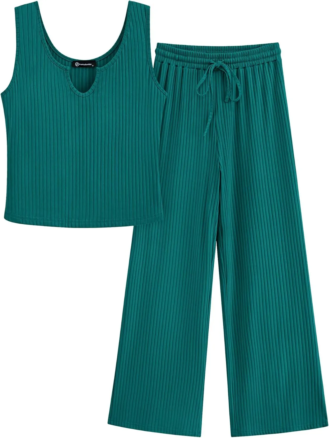 PRETTYGARDEN Women's Summer Casual Two Piece Outfits Sweatsuits Tank Scoop Neck Ribbed Knit Long Pants Tracksuits