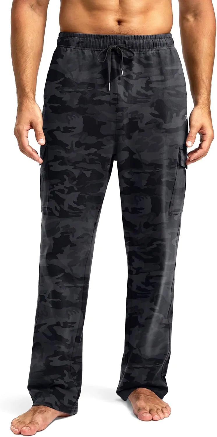 Pudolla Men's Cotton Sweatpants with Cargo Pockets Open Bottom Yoga Pants for Men Lounge Pants for Athletic Workout Casual