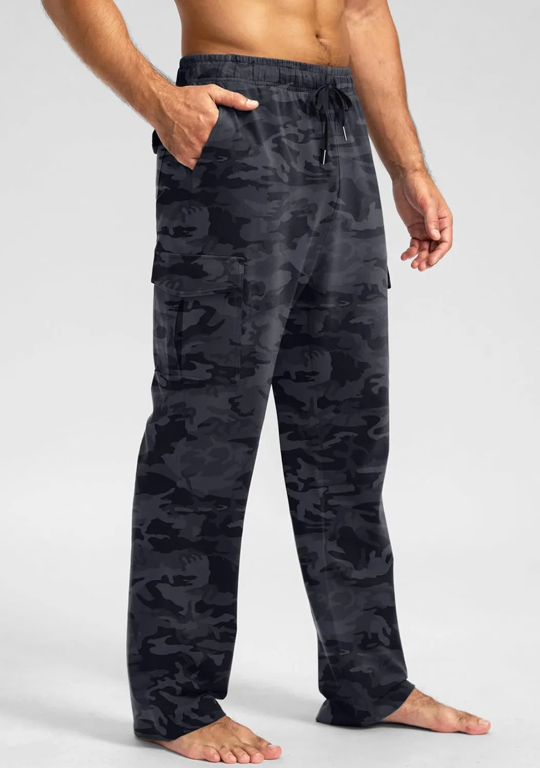 Pudolla Men's Cotton Sweatpants with Cargo Pockets Open Bottom Yoga Pants for Men Lounge Pants for Athletic Workout Casual