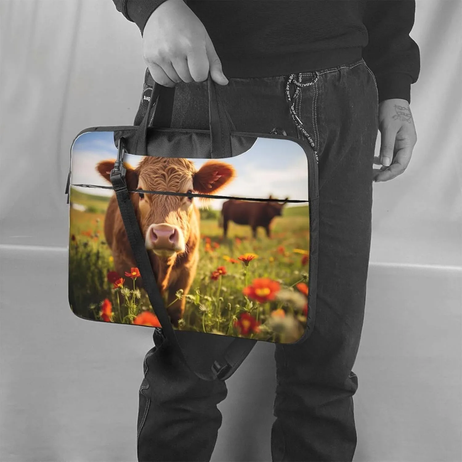 Red Flower Show Steer Cows Cattle Print Work Casual Office Laptop Shoulder Messenger Bag 13 inch 14 inch 15.6 inch