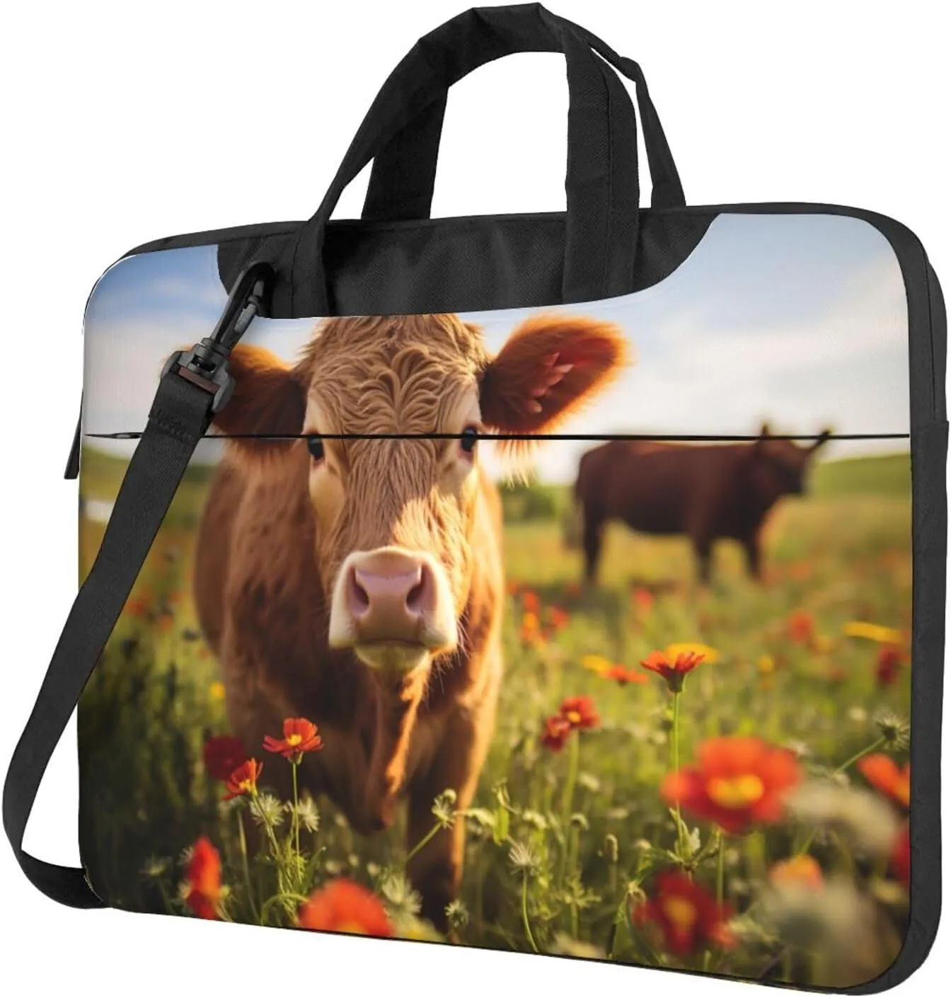 Red Flower Show Steer Cows Cattle Print Work Casual Office Laptop Shoulder Messenger Bag 13 inch 14 inch 15.6 inch