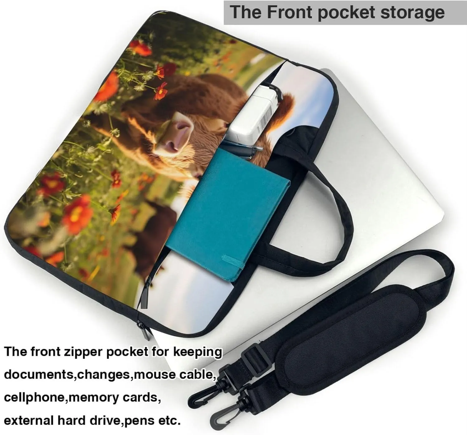 Red Flower Show Steer Cows Cattle Print Work Casual Office Laptop Shoulder Messenger Bag 13 inch 14 inch 15.6 inch