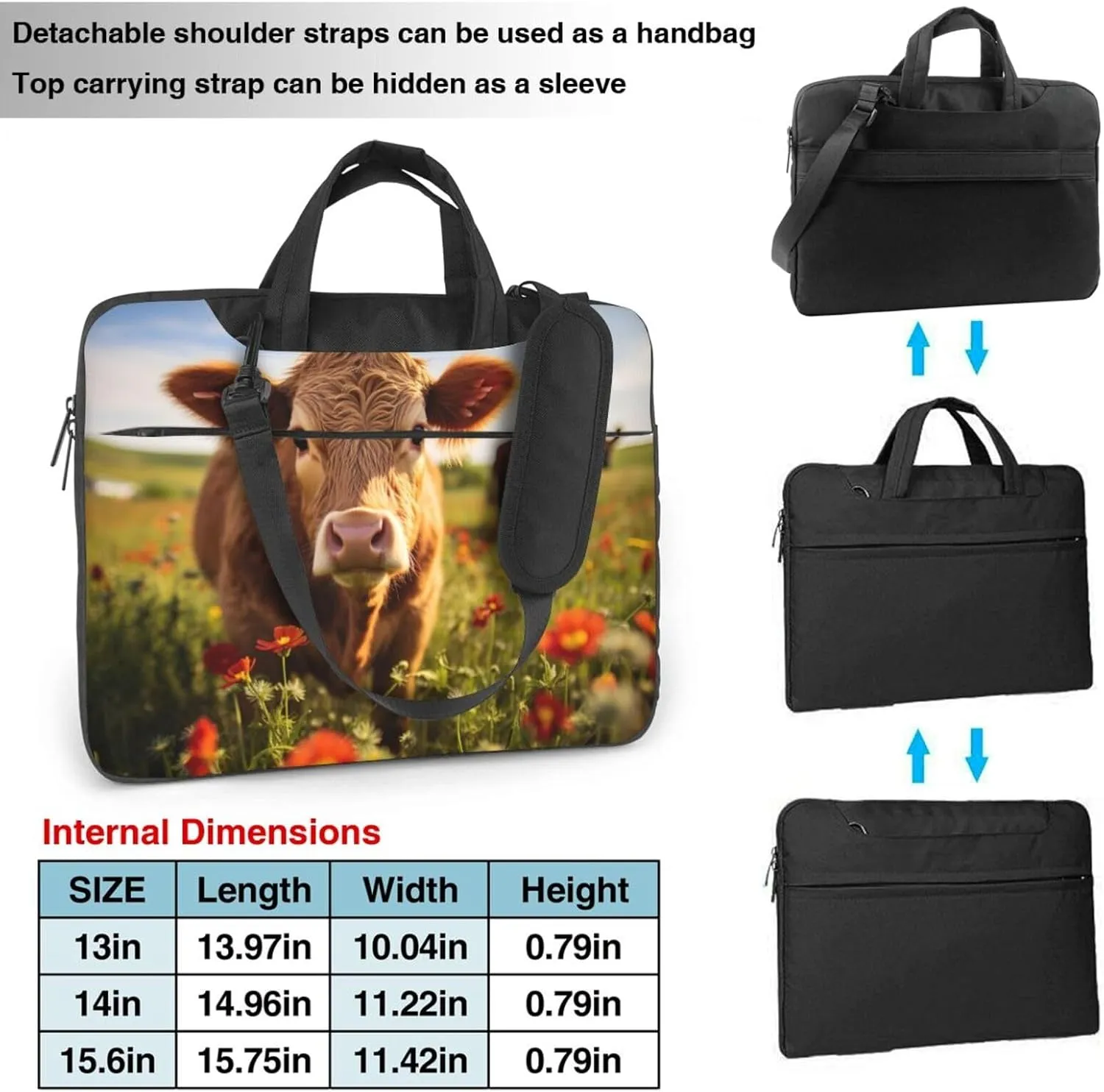 Red Flower Show Steer Cows Cattle Print Work Casual Office Laptop Shoulder Messenger Bag 13 inch 14 inch 15.6 inch