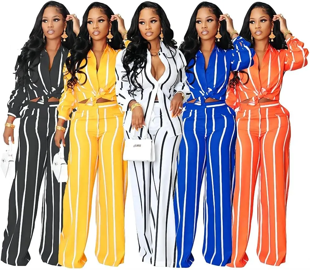 Remelon Women's Casual Two Piece Outfits Striped Long Sleeve Collar Button Down Shirt Blouse High Waist Wide Leg Pants Sets