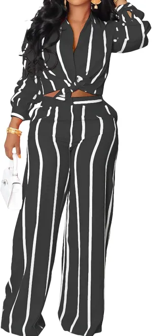 Remelon Women's Casual Two Piece Outfits Striped Long Sleeve Collar Button Down Shirt Blouse High Waist Wide Leg Pants Sets