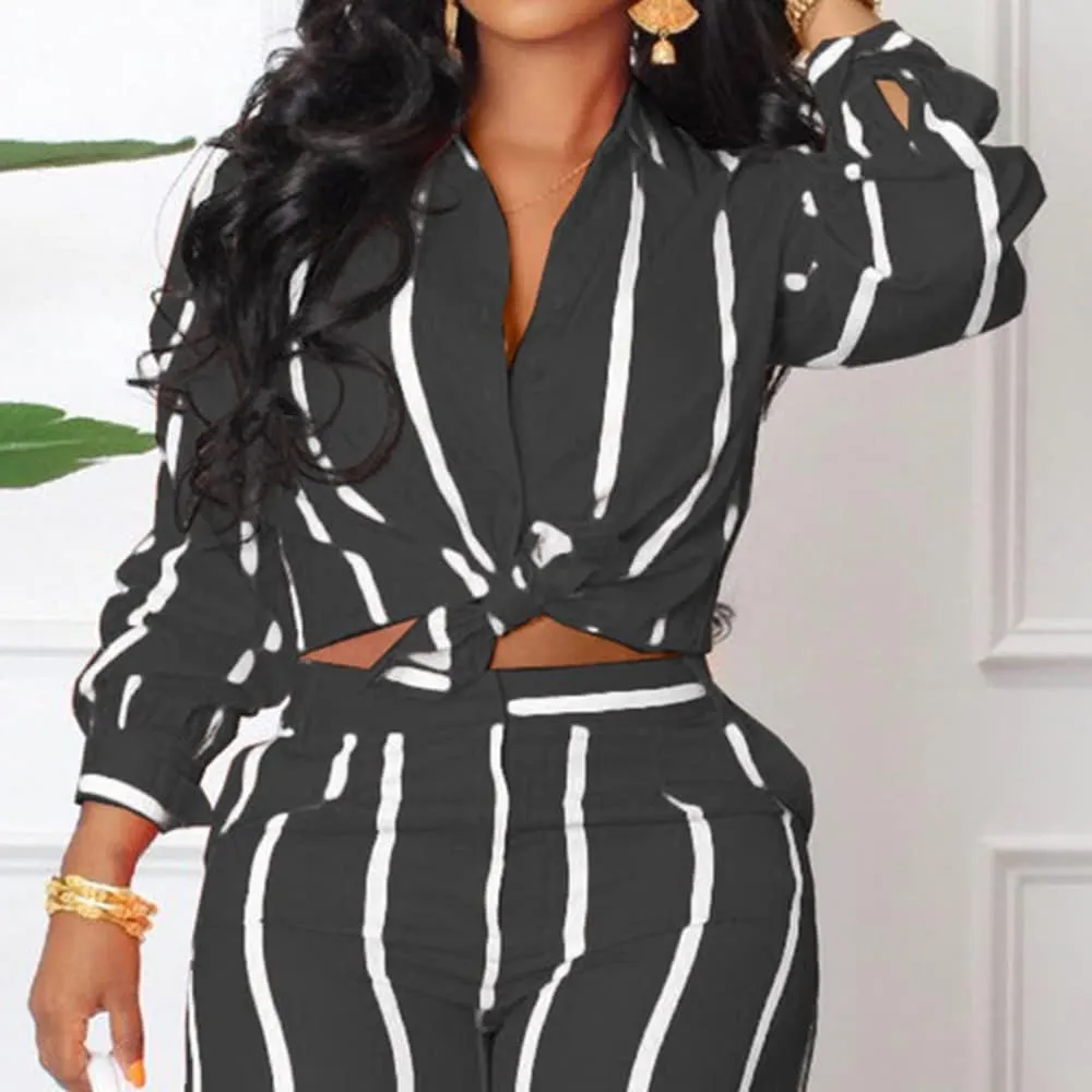 Remelon Women's Casual Two Piece Outfits Striped Long Sleeve Collar Button Down Shirt Blouse High Waist Wide Leg Pants Sets