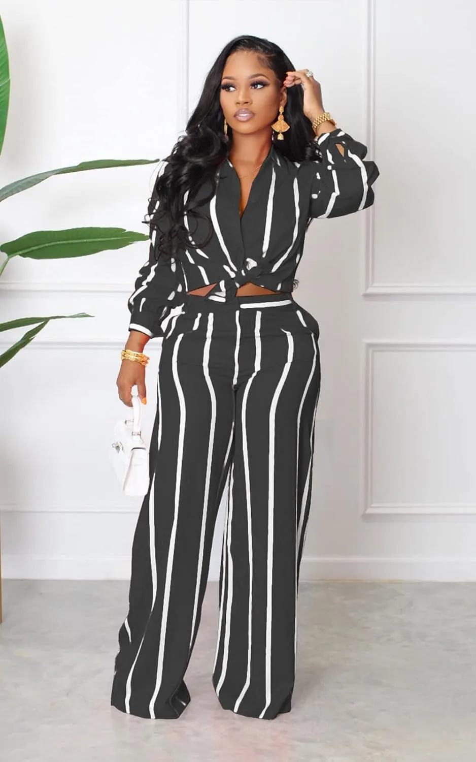 Remelon Women's Casual Two Piece Outfits Striped Long Sleeve Collar Button Down Shirt Blouse High Waist Wide Leg Pants Sets