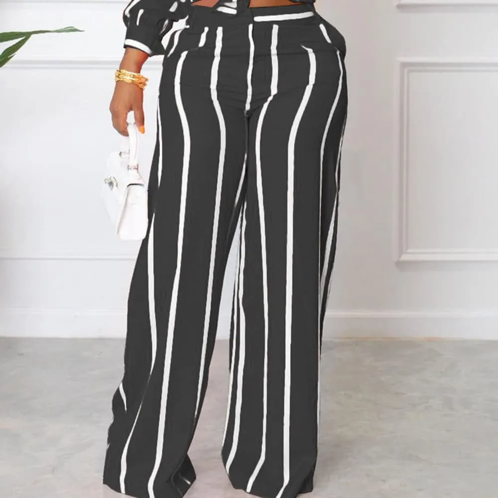 Remelon Women's Casual Two Piece Outfits Striped Long Sleeve Collar Button Down Shirt Blouse High Waist Wide Leg Pants Sets