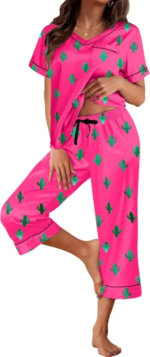 Remidoo Women's Short Sleeve V Neck Shirt with Capri Pants Lounge Set Silk Pj Set