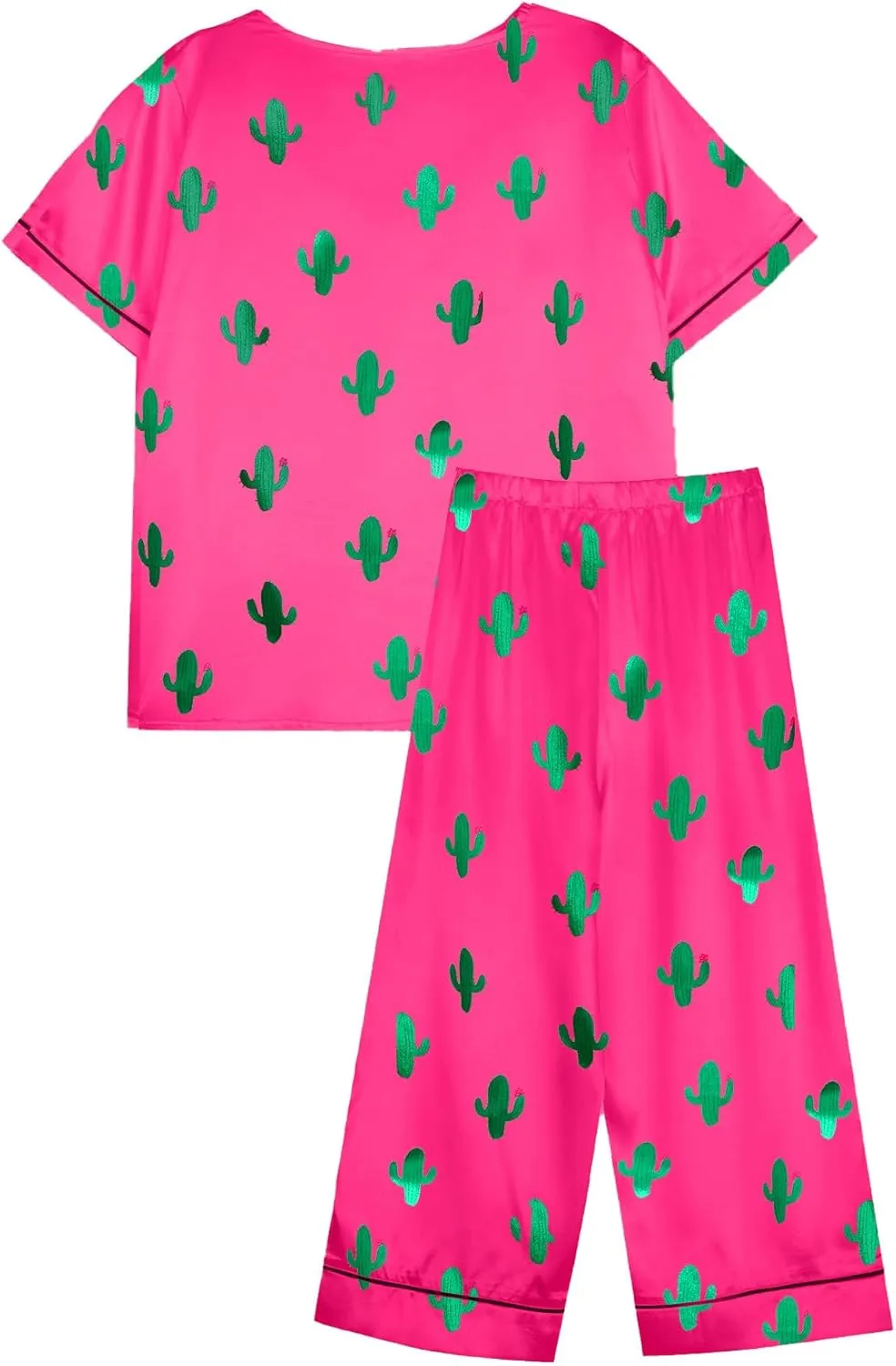 Remidoo Women's Short Sleeve V Neck Shirt with Capri Pants Lounge Set Silk Pj Set