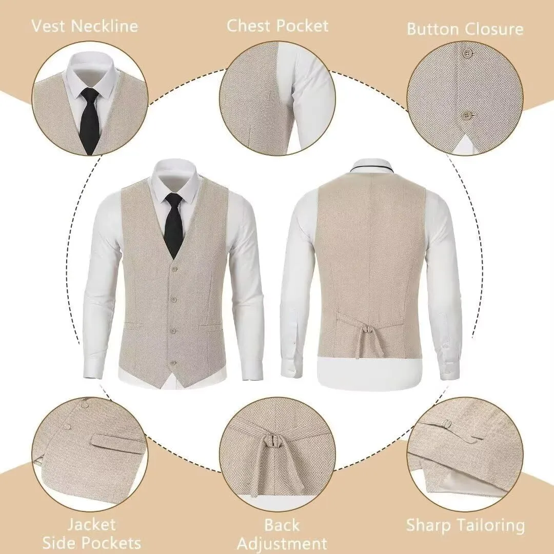 Retro Men Suit 3 Piece Tweed Herringbone Men's Suits Wool Jacket Tuxedos Wedding Grooms Blazer Vest Pants Set Prom