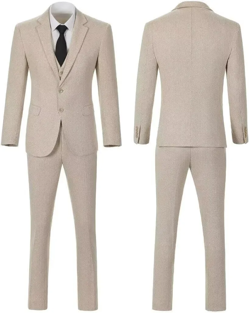 Retro Men Suit 3 Piece Tweed Herringbone Men's Suits Wool Jacket Tuxedos Wedding Grooms Blazer Vest Pants Set Prom