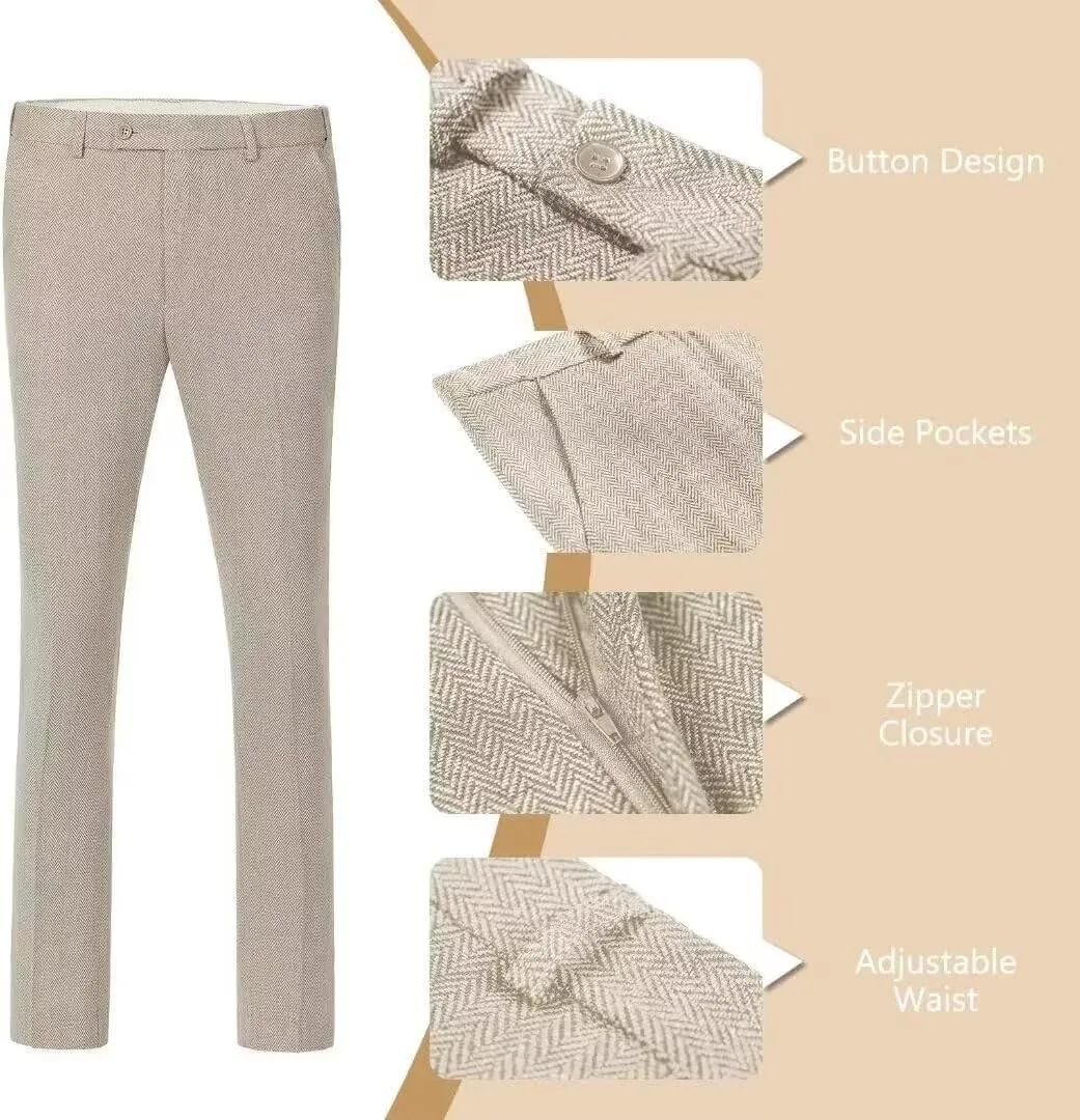 Retro Men Suit 3 Piece Tweed Herringbone Men's Suits Wool Jacket Tuxedos Wedding Grooms Blazer Vest Pants Set Prom