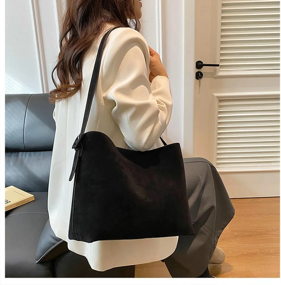 Retro Suede Tote Bag for Women 2Pcs Suede Hobo Shoulder Bag Crossbody Purse Satchel Large Capacity Work Tote Handbag