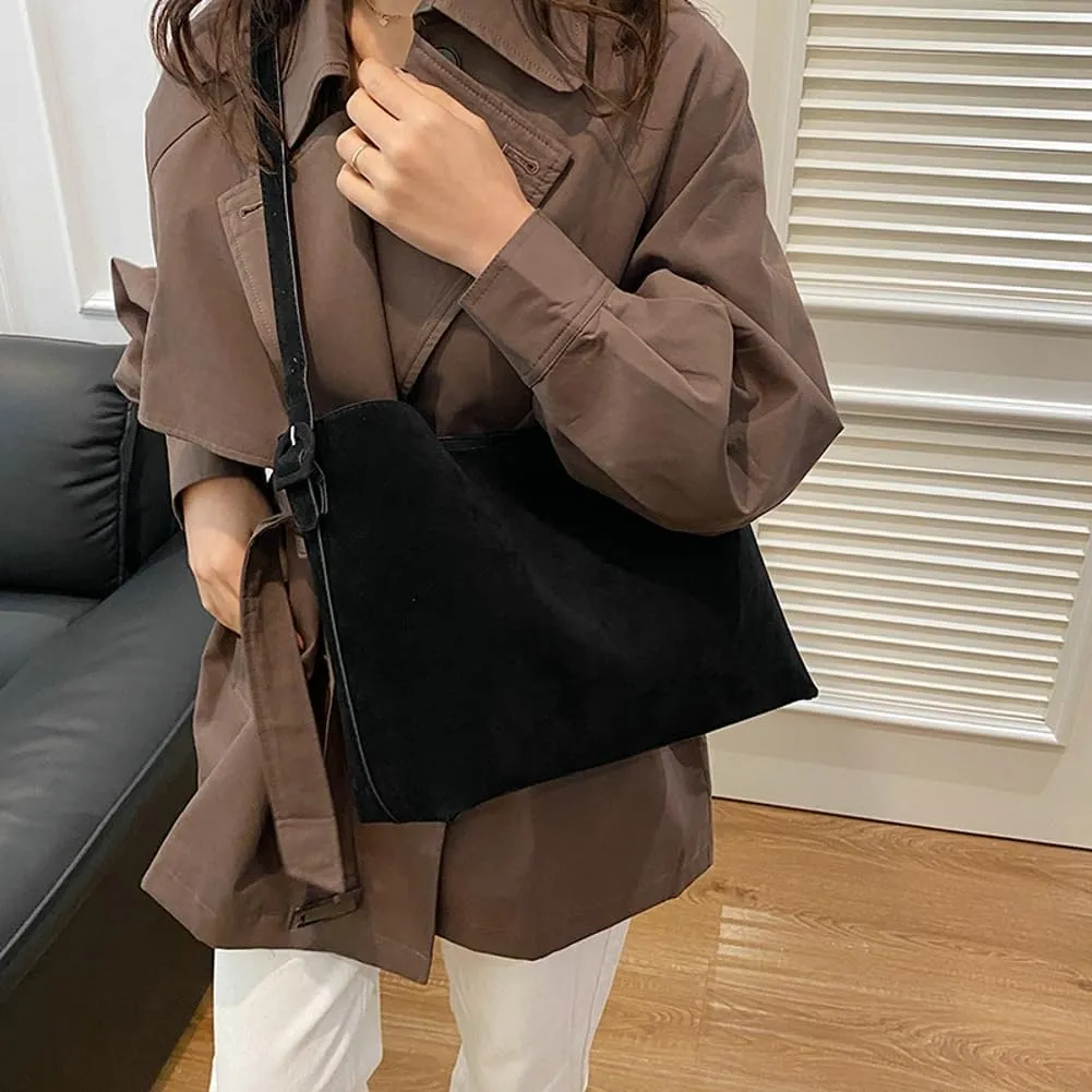 Retro Suede Tote Bag for Women 2Pcs Suede Hobo Shoulder Bag Crossbody Purse Satchel Large Capacity Work Tote Handbag
