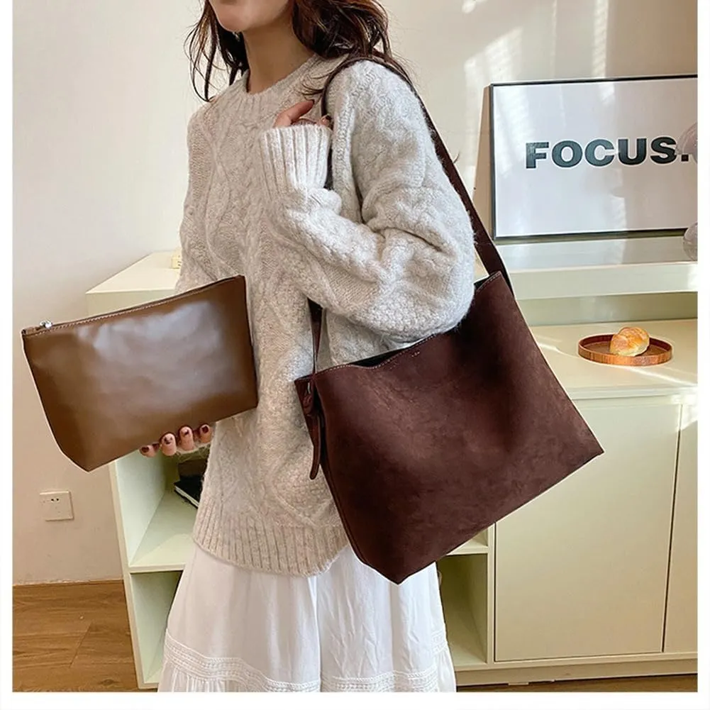 Retro Suede Tote Bag for Women 2Pcs Suede Hobo Shoulder Bag Crossbody Purse Satchel Large Capacity Work Tote Handbag
