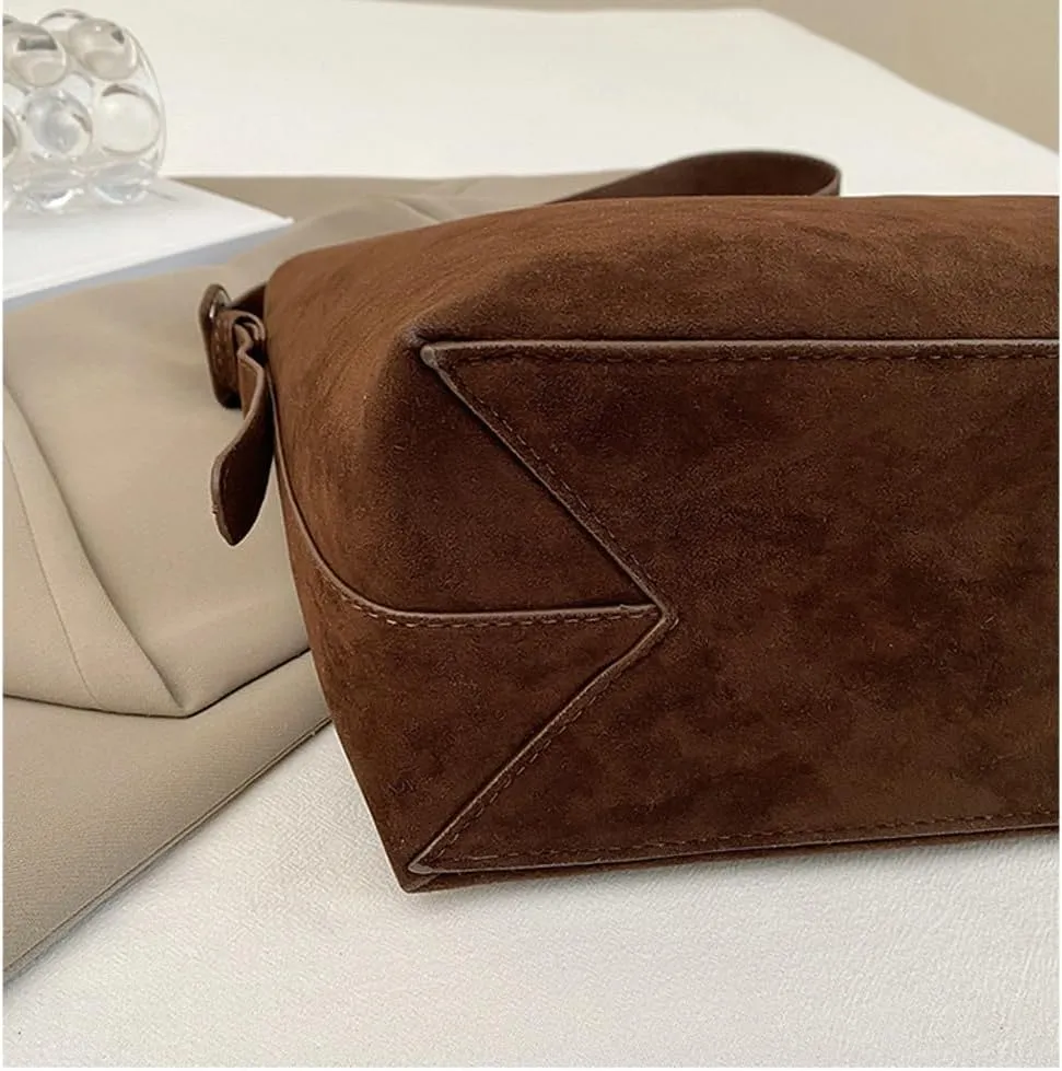 Retro Suede Tote Bag for Women 2Pcs Suede Hobo Shoulder Bag Crossbody Purse Satchel Large Capacity Work Tote Handbag
