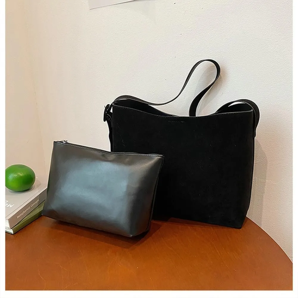 Retro Suede Tote Bag for Women 2Pcs Suede Hobo Shoulder Bag Crossbody Purse Satchel Large Capacity Work Tote Handbag