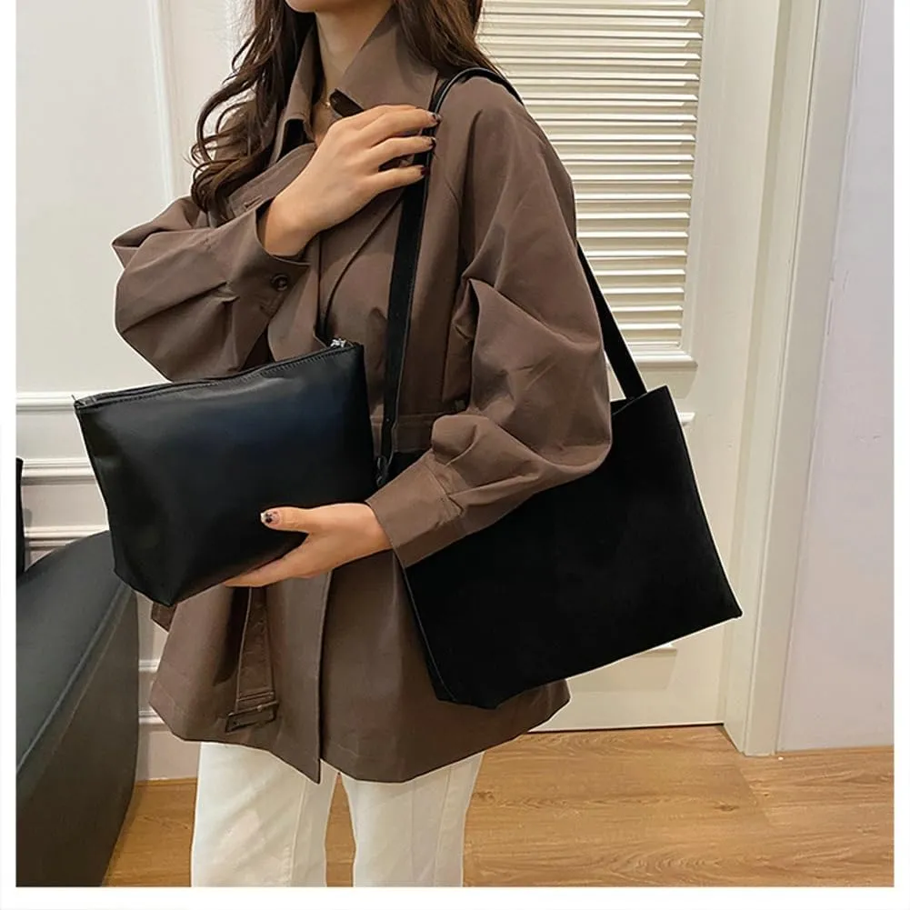 Retro Suede Tote Bag for Women 2Pcs Suede Hobo Shoulder Bag Crossbody Purse Satchel Large Capacity Work Tote Handbag