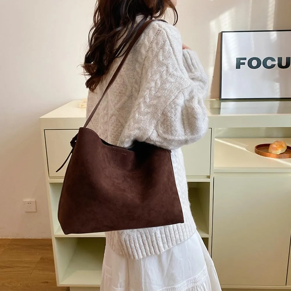 Retro Suede Tote Bag for Women 2Pcs Suede Hobo Shoulder Bag Crossbody Purse Satchel Large Capacity Work Tote Handbag