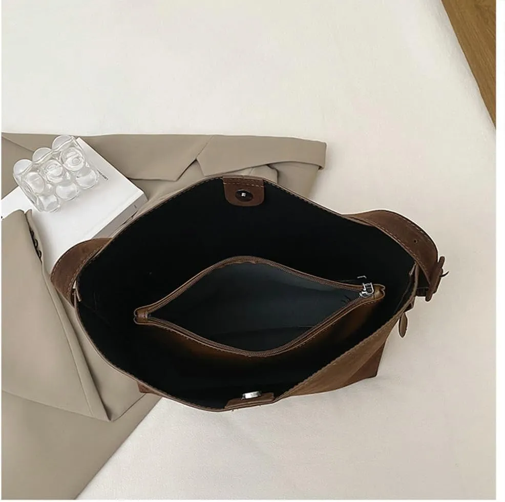 Retro Suede Tote Bag for Women 2Pcs Suede Hobo Shoulder Bag Crossbody Purse Satchel Large Capacity Work Tote Handbag