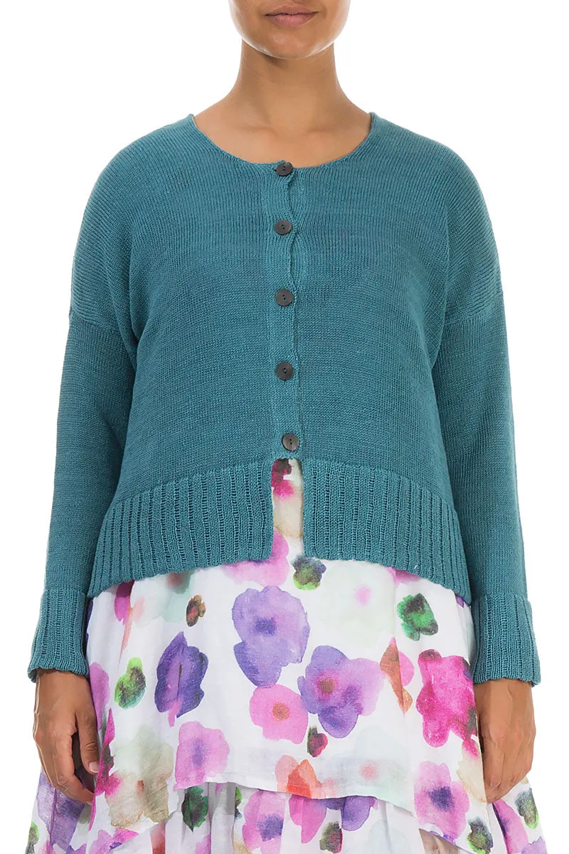 Ribbed Hem Teal Linen Cardigan