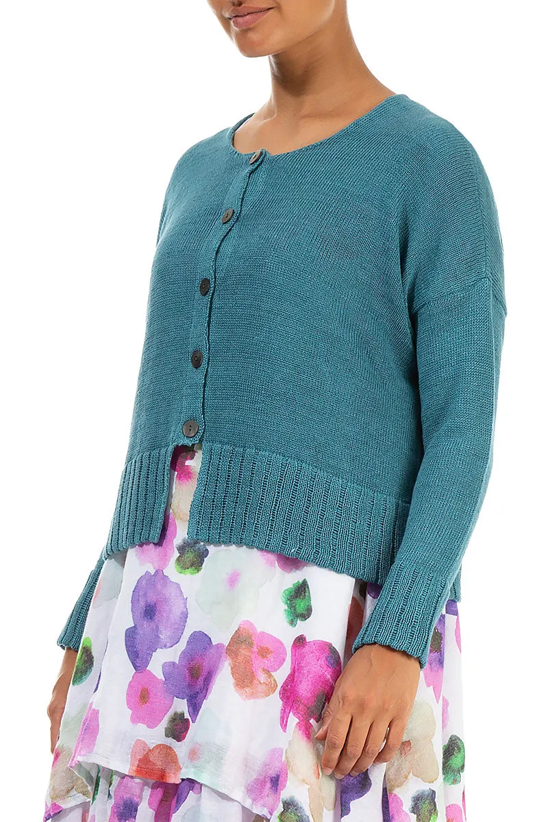 Ribbed Hem Teal Linen Cardigan