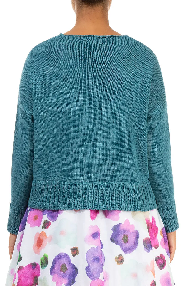 Ribbed Hem Teal Linen Cardigan