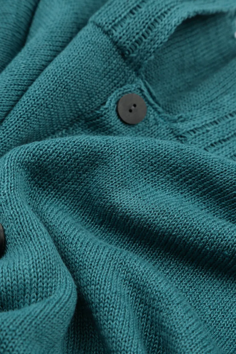 Ribbed Hem Teal Linen Cardigan