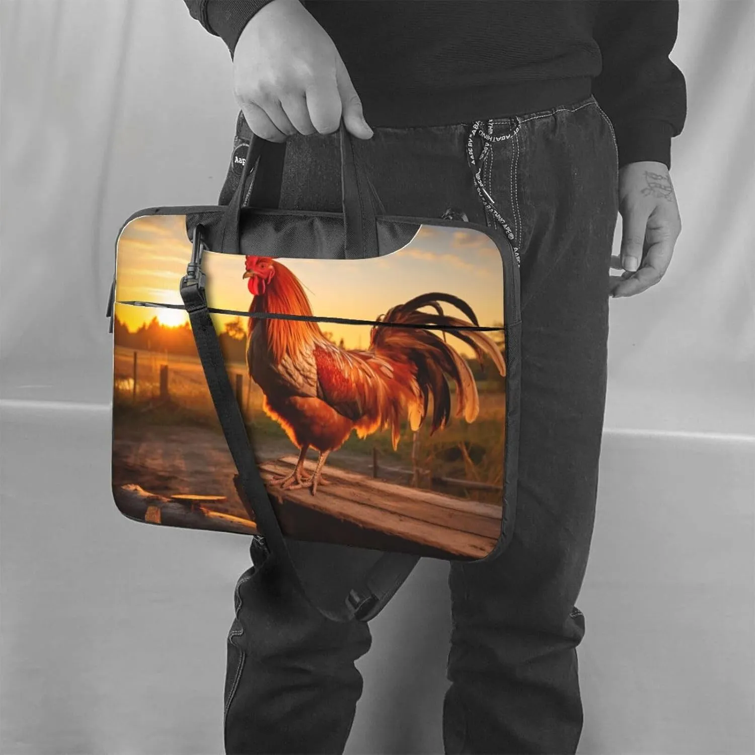 Rooster on Wood in Farmland Print Work Casual Office Laptop Shoulder Messenger Bag 13 inch 14 inch 15.6 inch