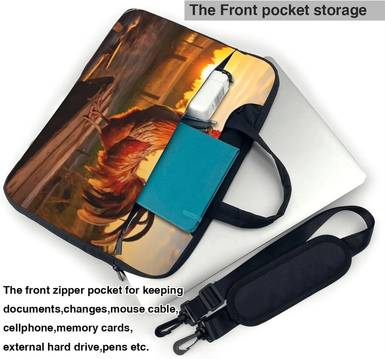 Rooster on Wood in Farmland Print Work Casual Office Laptop Shoulder Messenger Bag 13 inch 14 inch 15.6 inch