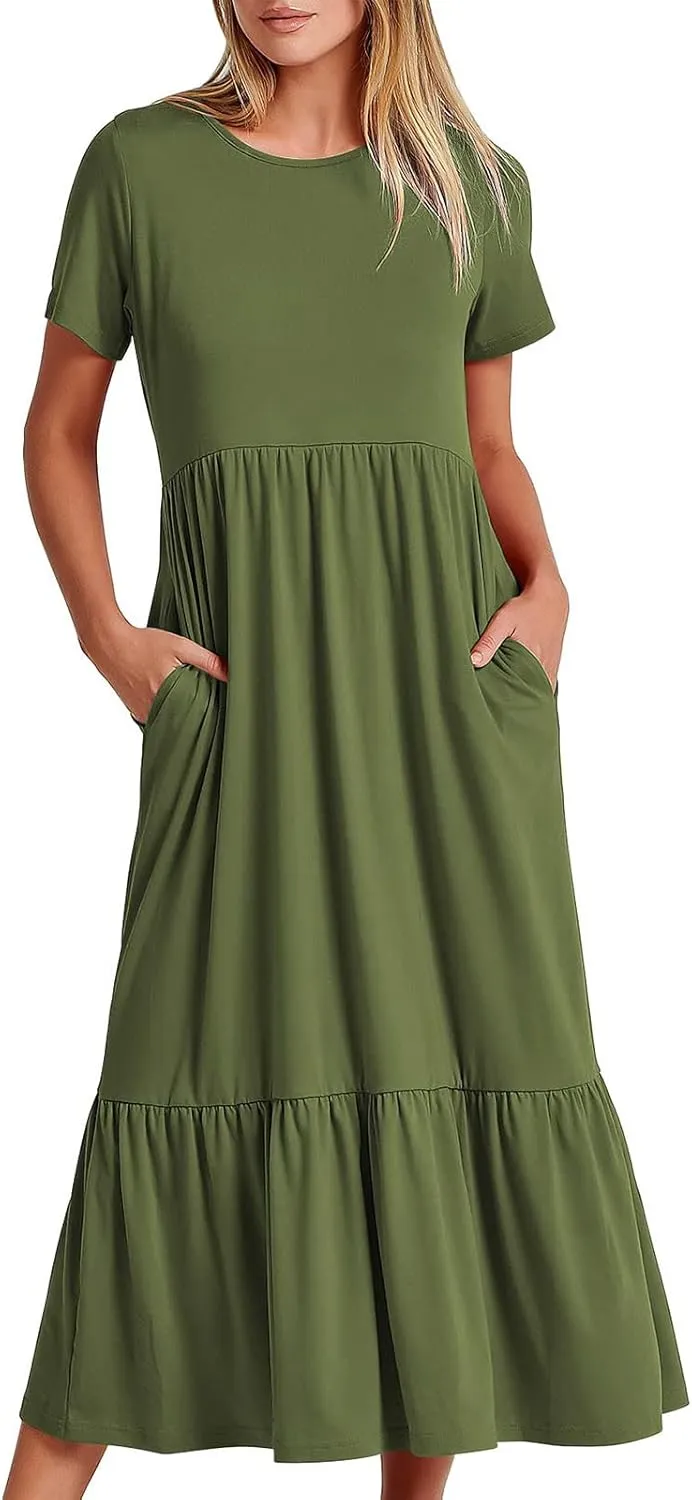 Ruffle Hem Maxi Dress for Women Crewneck Short Sleeve T Shirt Dresses Casual Summer Long Dress Plain Sundress
